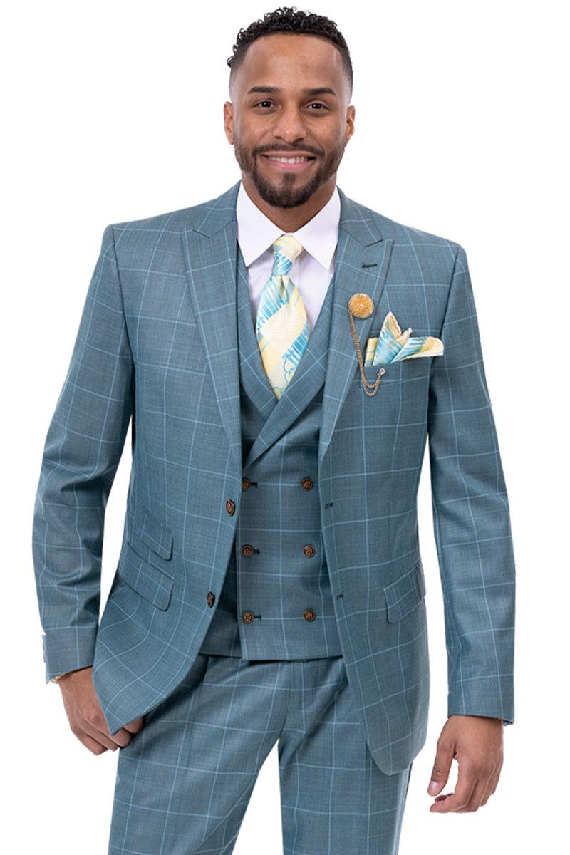 EJ Samuel Vested Teal Suit - 2-Button Peak Lapel Windowpane Plaid - Elegant Mensattire