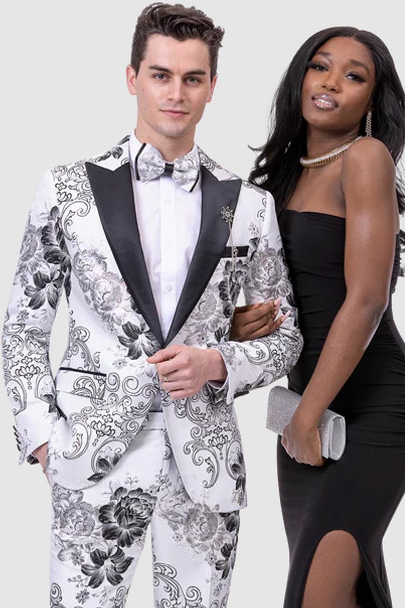 "EJ Samuel White & Black Paisley Slim Fit Prom Tuxedo: Refined One-Button Peak Lapel" - Elegant Mensattire