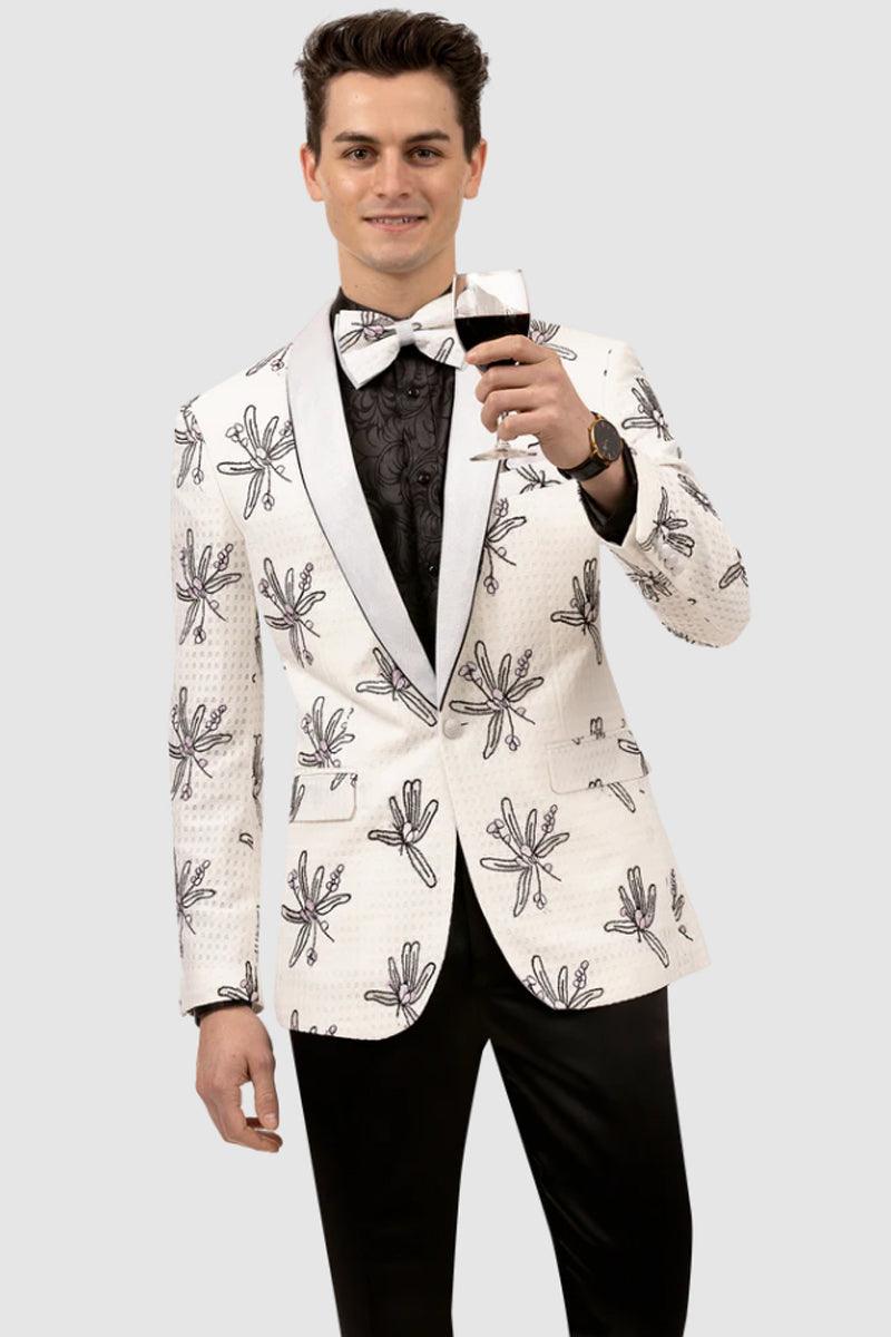 "EJ Samuel White One-Button Stencil Prom Tuxedo Jacket" - Elegant Mensattire