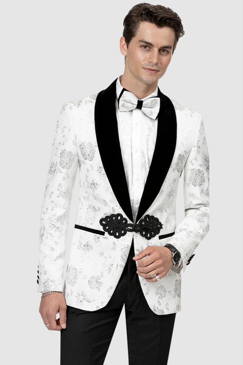 "EJ Samuel White Paisley Velvet Shawl Tuxedo Smoking Jacket" - Elegant Mensattire