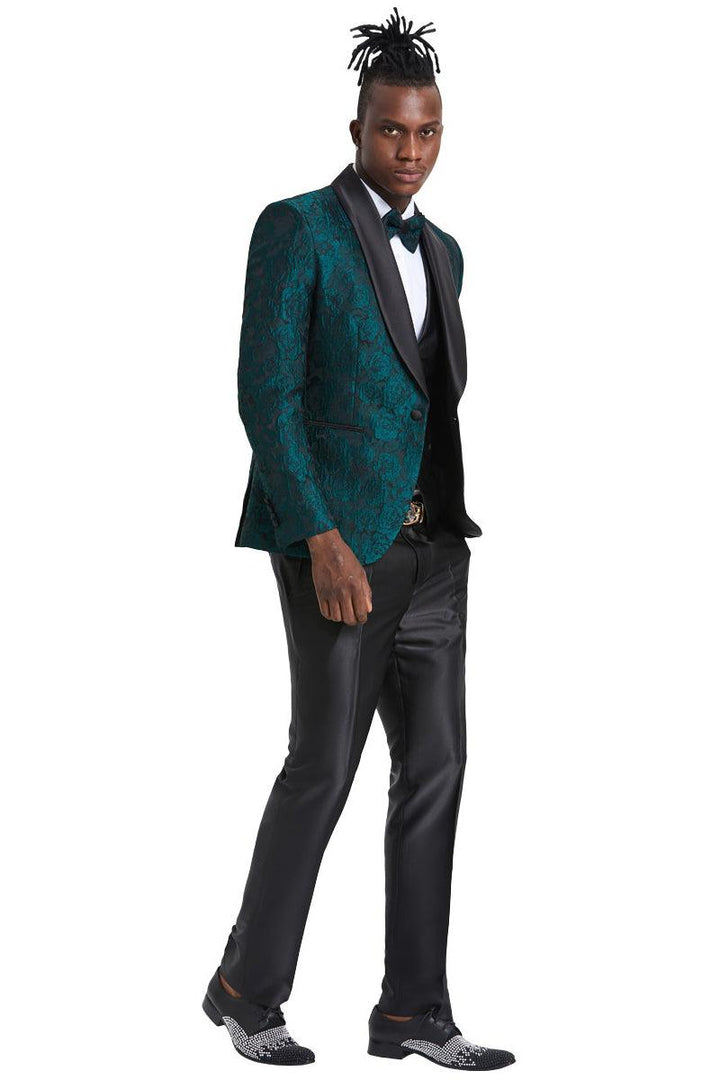 Elegant Men's Hunter Green Tazio Vested Paisley Floral Slim Fit Tuxedo - 1 Button - Elegant Mensattire