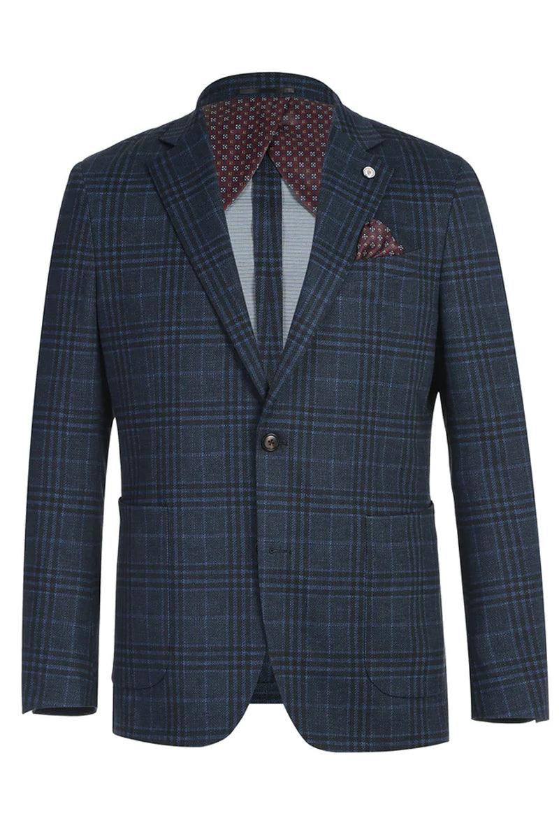 "Elevate Your Style In Pelago's Blue Grey Windowpane Plaid Slim Fit Blazer" - Elegant Mensattire