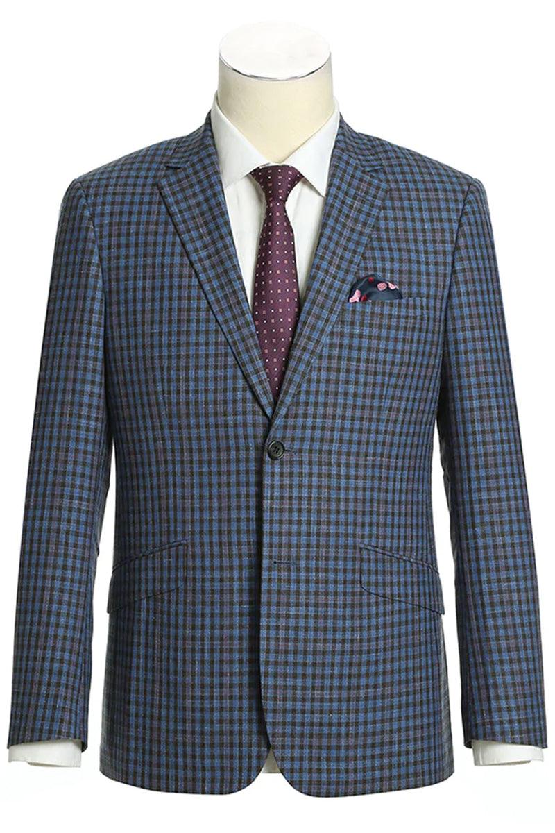 Elevated Men's Two-Button Slim-Fit Wool Sport Coat Blazer in Navy & Burgundy Mini Check - Renoir - Elegant Mensattire