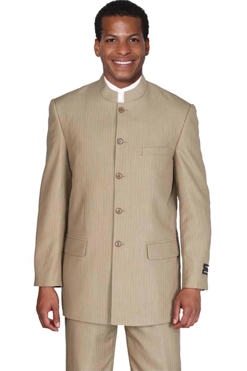 "Elevated Style: Fortino Landi Men's Pinstripe 5-Btn Mandarin Suit in Tan" - Elegant Mensattire