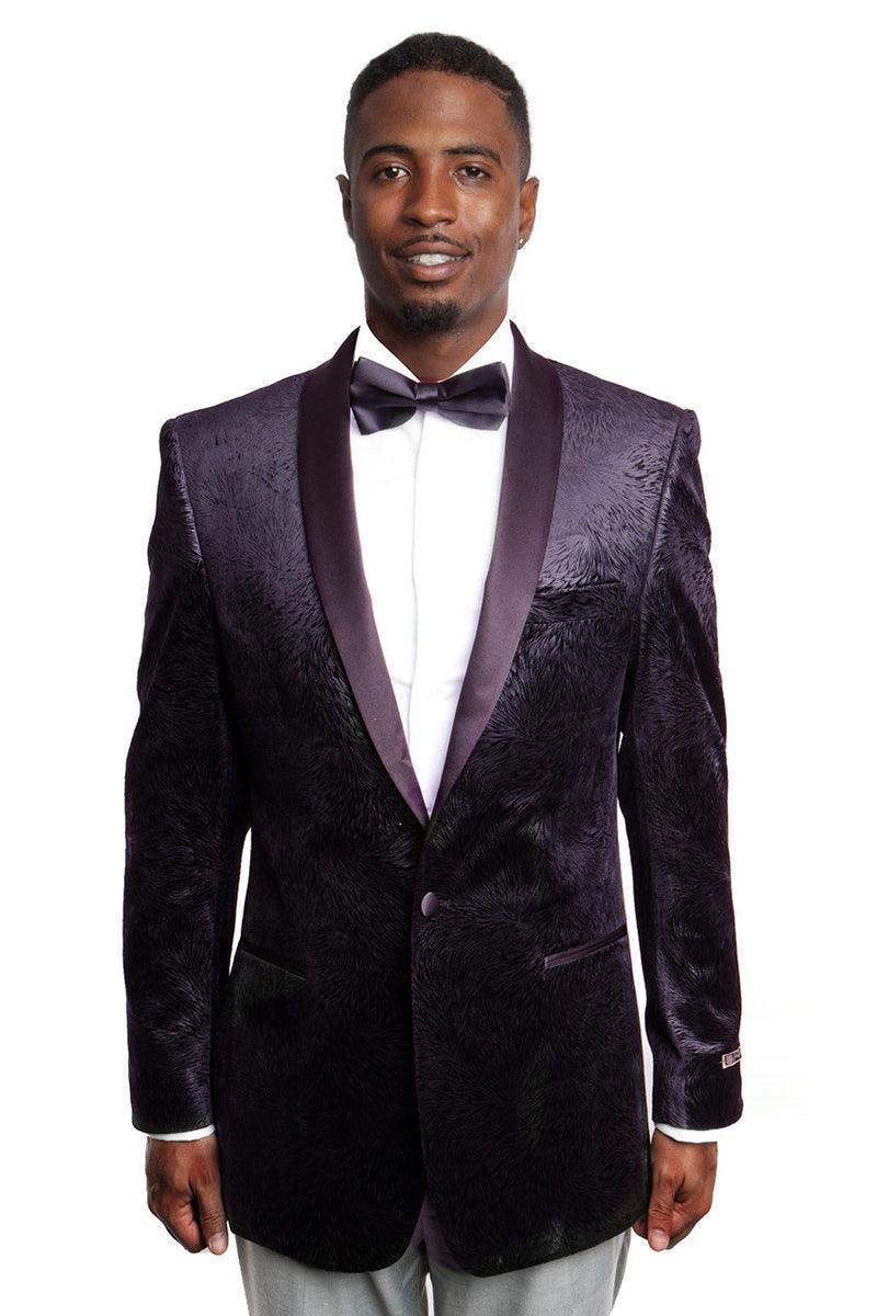 Empire Men's Dark Burgundy Plum Velvet Tuxedo Prom Jacket w/ Floral Pattern. - Elegant Mensattire