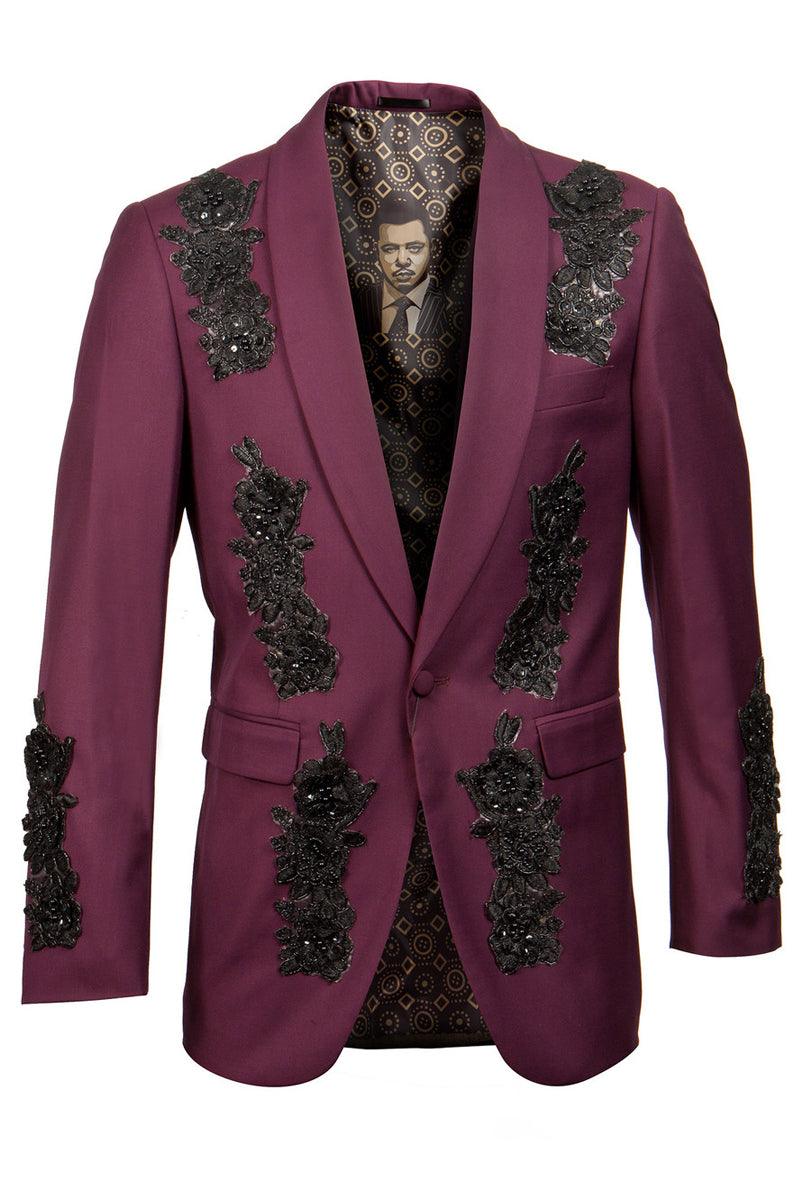 Empire Men's Floral Seq. Shwl Collar Dinner Jacket - Burgundy - Elegant Mensattire