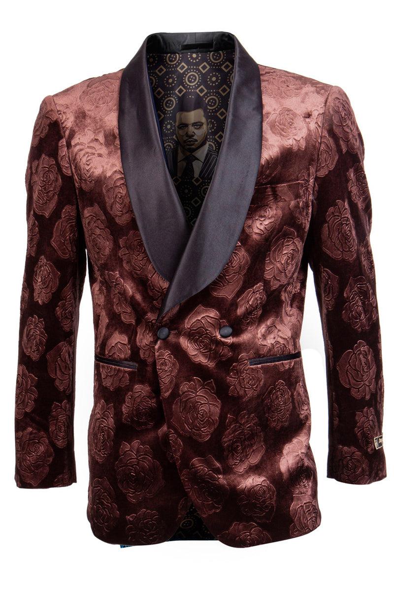 "Empire Rust Velvet Smoking Jacket: Floral Rose Print Double Breasted" - Elegant Mensattire