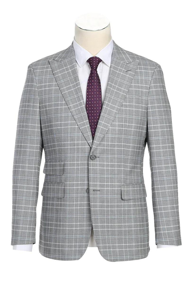 English Laundry Men's 2-Btn Slim Fit Suit in Light Grey Smoke Windowpane Plaid - Elegant Mensattire