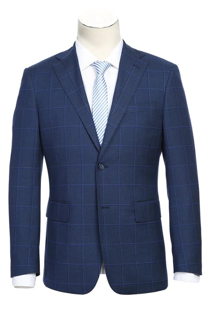 "English Laundry Men's Dark Navy Slim Fit Suit: Timeless Design, Windowpane Plaid" - Elegant Mensattire