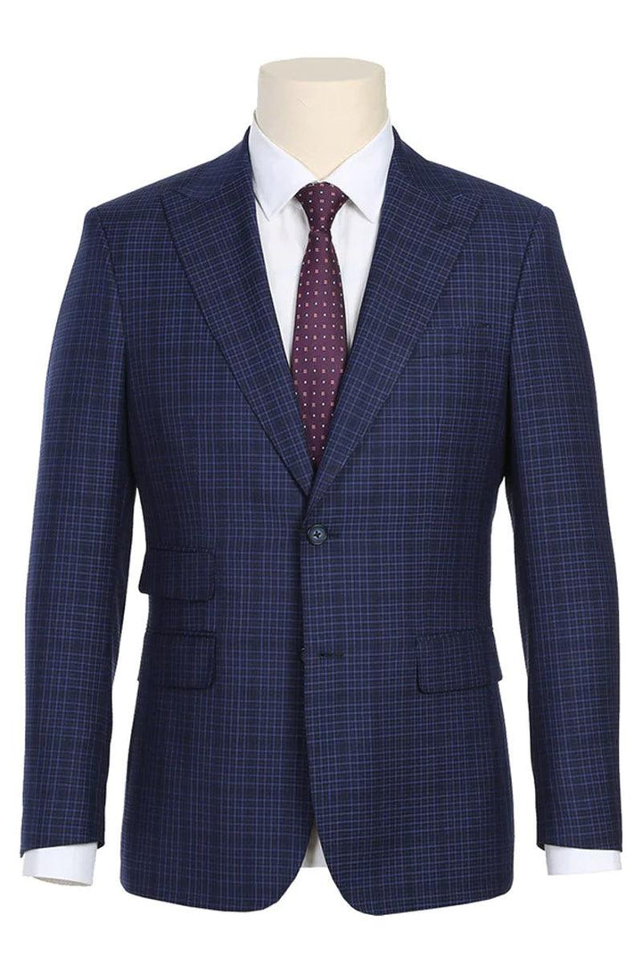 "English Laundry Men's Navy Slim Suit w/ Peak Lapel & Overcheck Plaid" - Elegant Mensattire