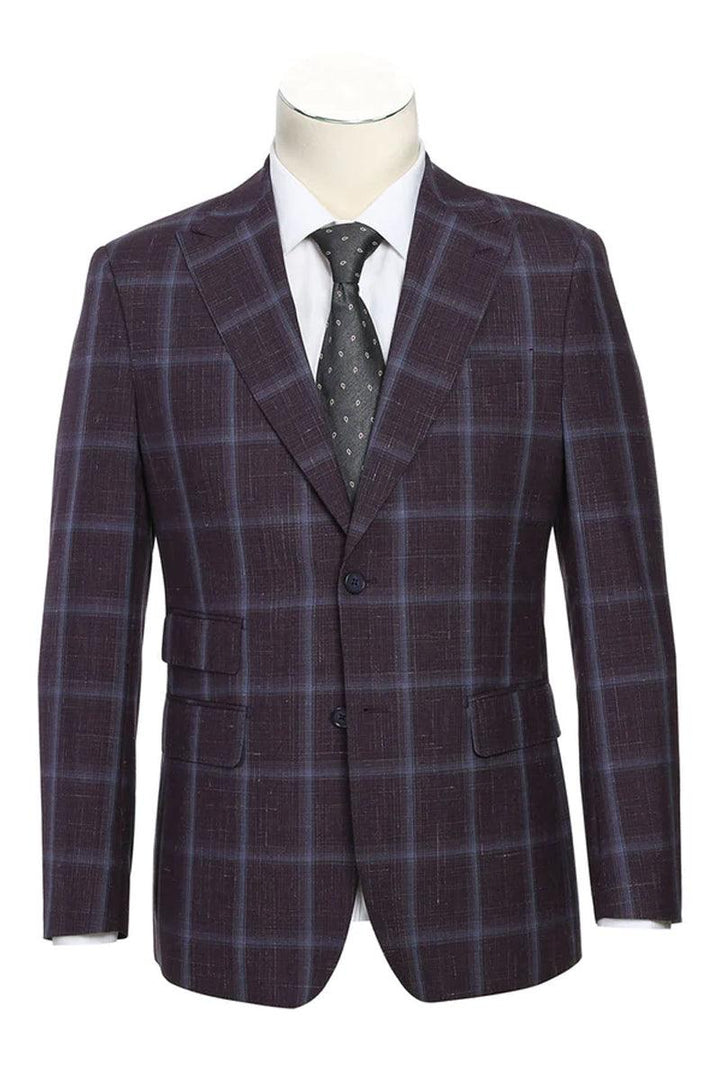 English Laundry Men's Two-Button Wool Suit in Dark Purple Eggplant Windowpane Plaid - Elegant Mensattire