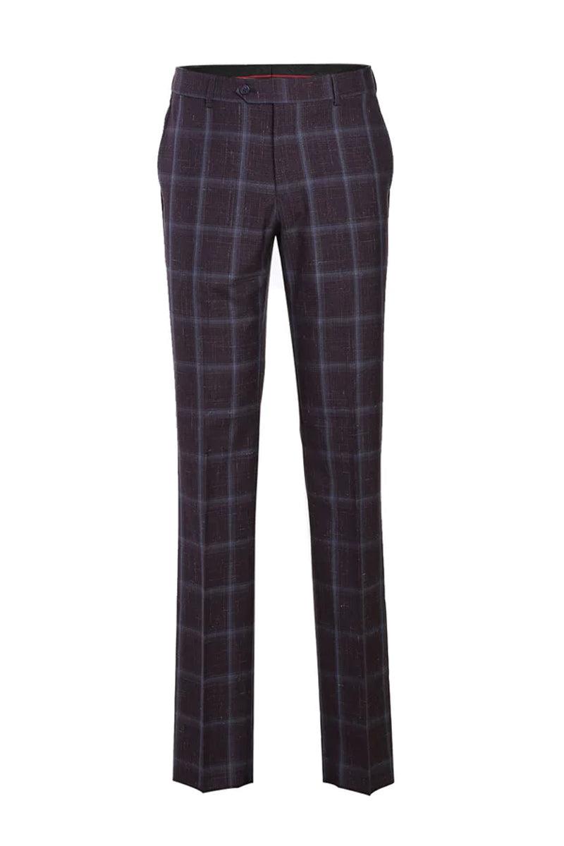 English Laundry Men's Two-Button Wool Suit in Dark Purple Eggplant Windowpane Plaid - Elegant Mensattire