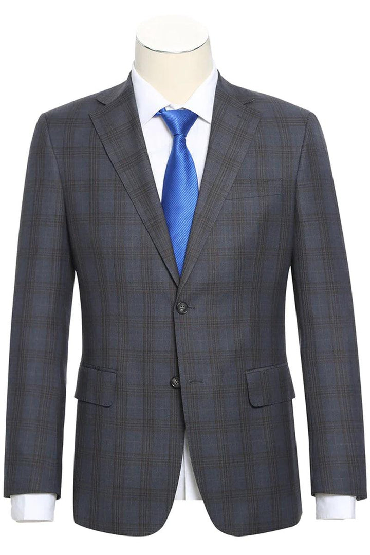 English Laundry Slim-Fit Grey & Tan Windowpane Notch Lapel Suit - Elegant Mensattire