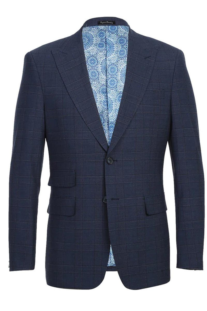 "English Laundry Slim-Fit Wool Suit with Peak Lapel in Prussian Blue Windowpane Plaid" - Elegant Mensattire