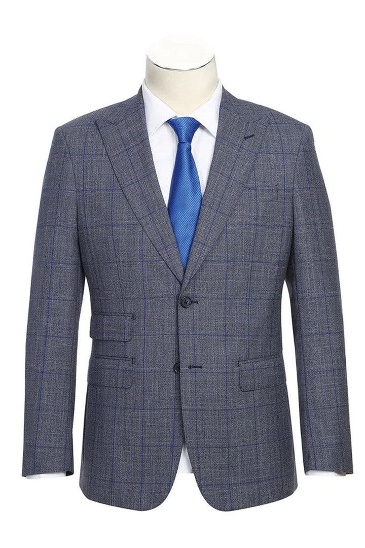 "English Laundry Wool Suit: Grey & Blue Windowpane Plaid w/Slim Fit Peak Lapel" - Elegant Mensattire