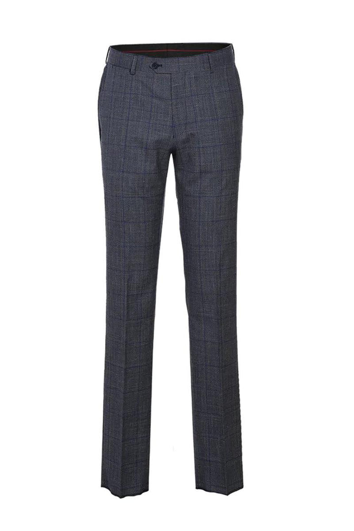 "English Laundry Wool Suit: Grey & Blue Windowpane Plaid w/Slim Fit Peak Lapel" - Elegant Mensattire