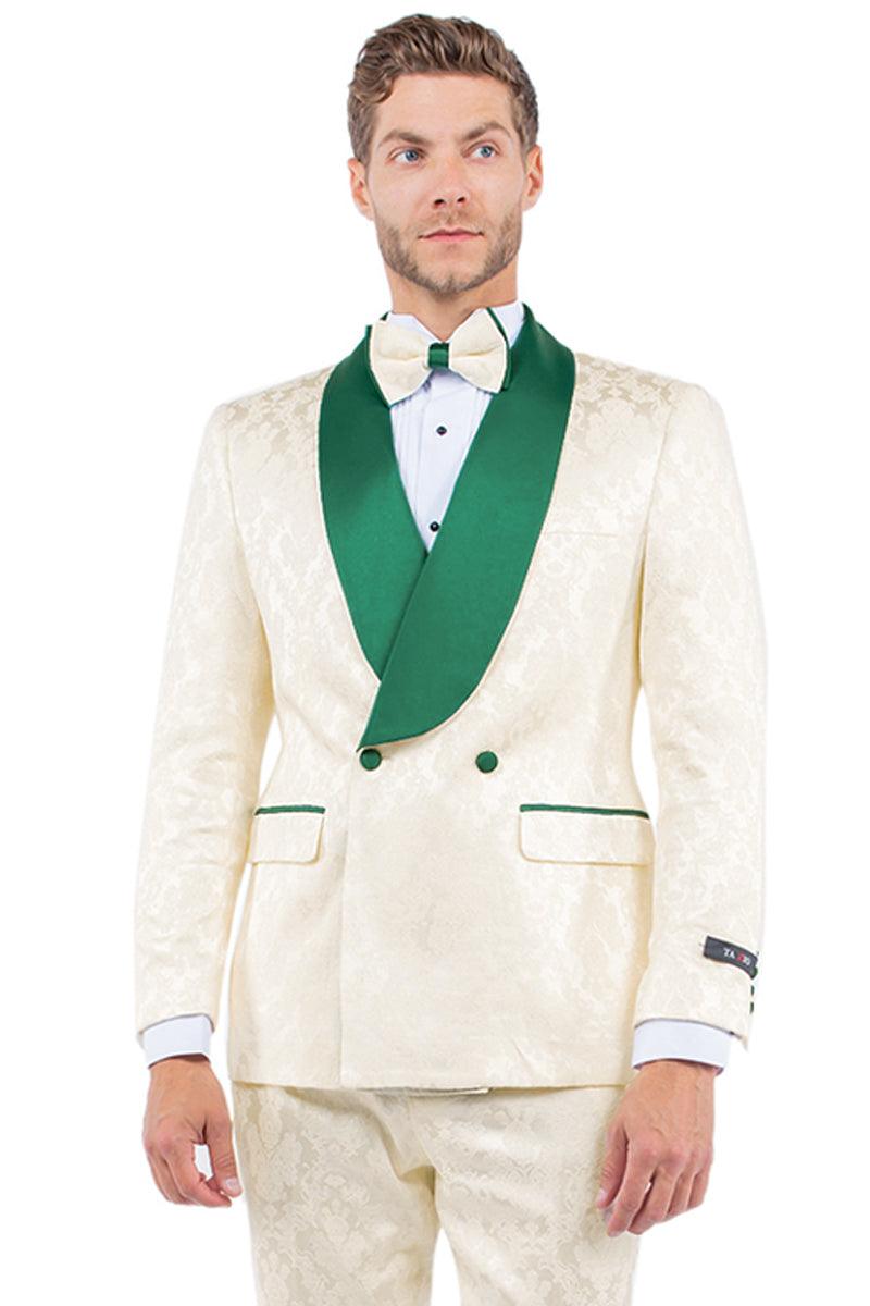 EXAMPLE: Tazio Men's Slim-Fit Double-Breasted Paisley Smoking Jacket in Ivory & Emerald Green - Elegant Mensattire