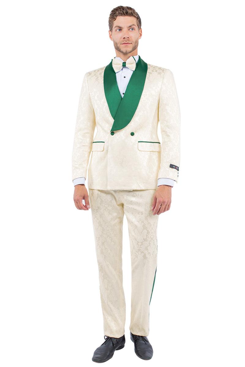 EXAMPLE: Tazio Men's Slim-Fit Double-Breasted Paisley Smoking Jacket in Ivory & Emerald Green - Elegant Mensattire