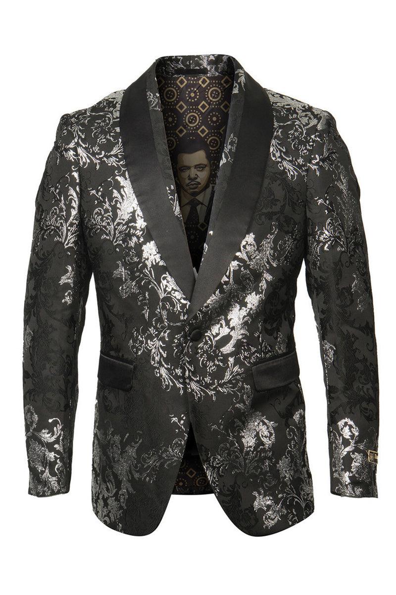 Exquisite Men's Shawl Collar Black Tuxedo Blazer with Silver Foil Paisley by Empire - Elegant Mensattire