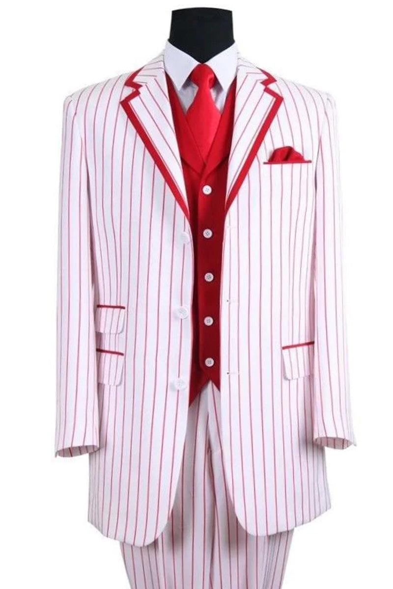 Fascinating White Vested Suit by Fortino Landi: 3 Btn, Red Pinstripes - Elegant Mensattire