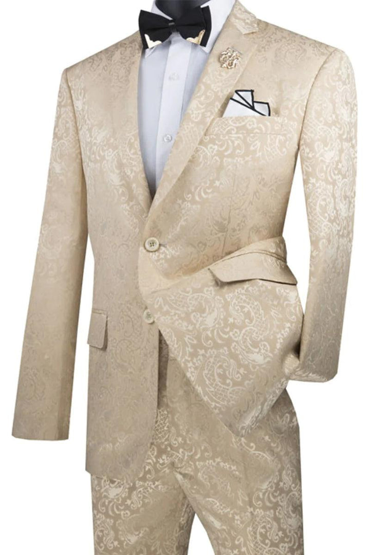 Fashionable Vinci Beige Slim-Fit Shine Paisley Prom/Wedding Suit - Elegant Mensattire