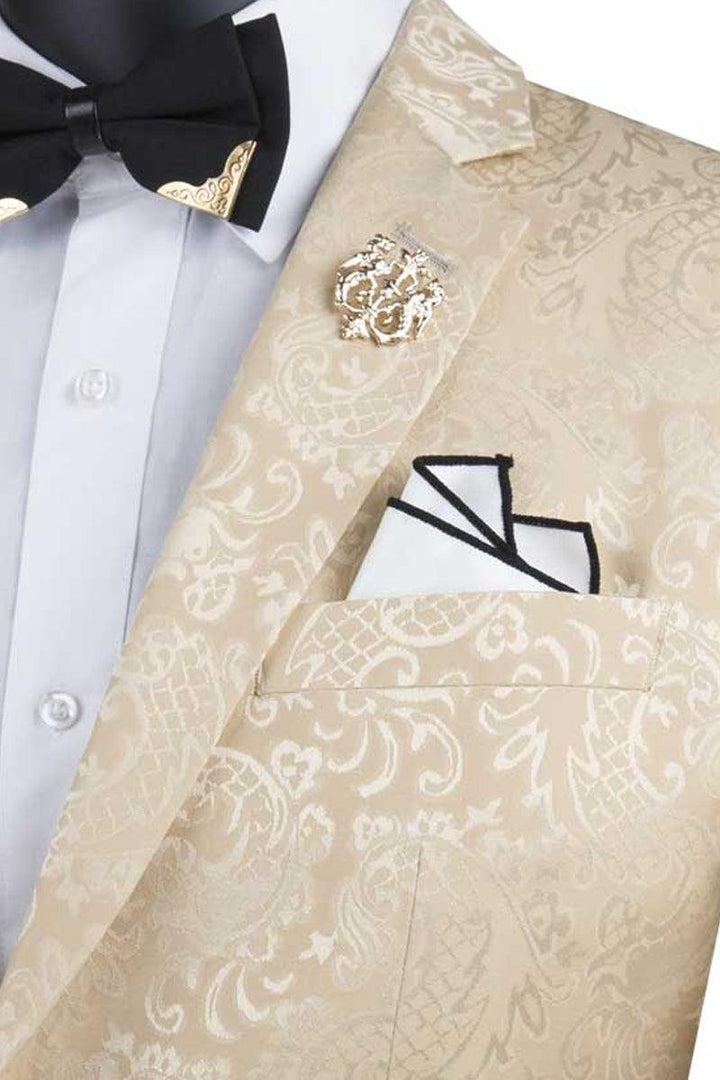 Fashionable Vinci Beige Slim-Fit Shine Paisley Prom/Wedding Suit - Elegant Mensattire