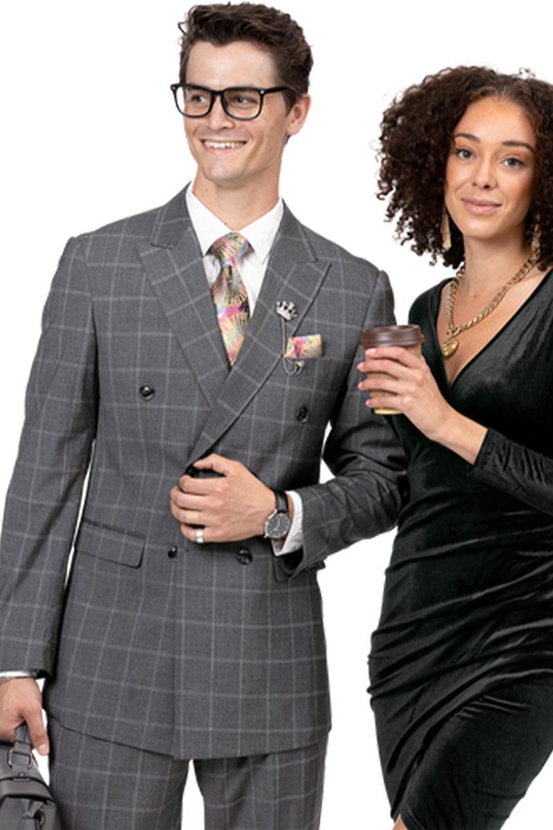 final: EJ Samuel Charcoal Grey Windowpane Plaid Double Breasted Pleated Pantsuit - Elegant Mensattire