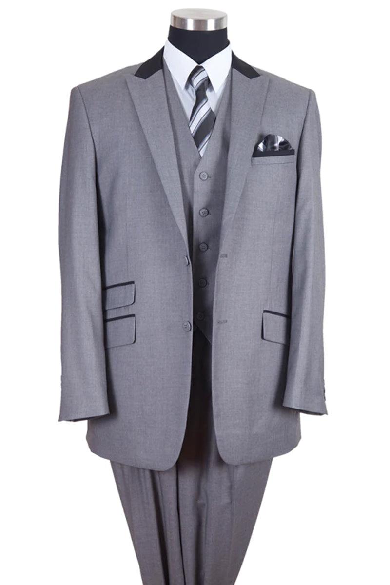 "Fortino Landi 2-Button Vested Suit with Contrasted Lapel and Collar - Grey/Black" - Elegant Mensattire