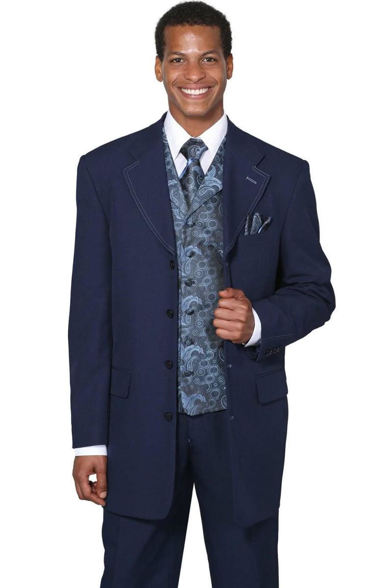 Fortino Landi 4-Button Navy Mens Fashion Suit with Paisley Vest - Elegant Mensattire