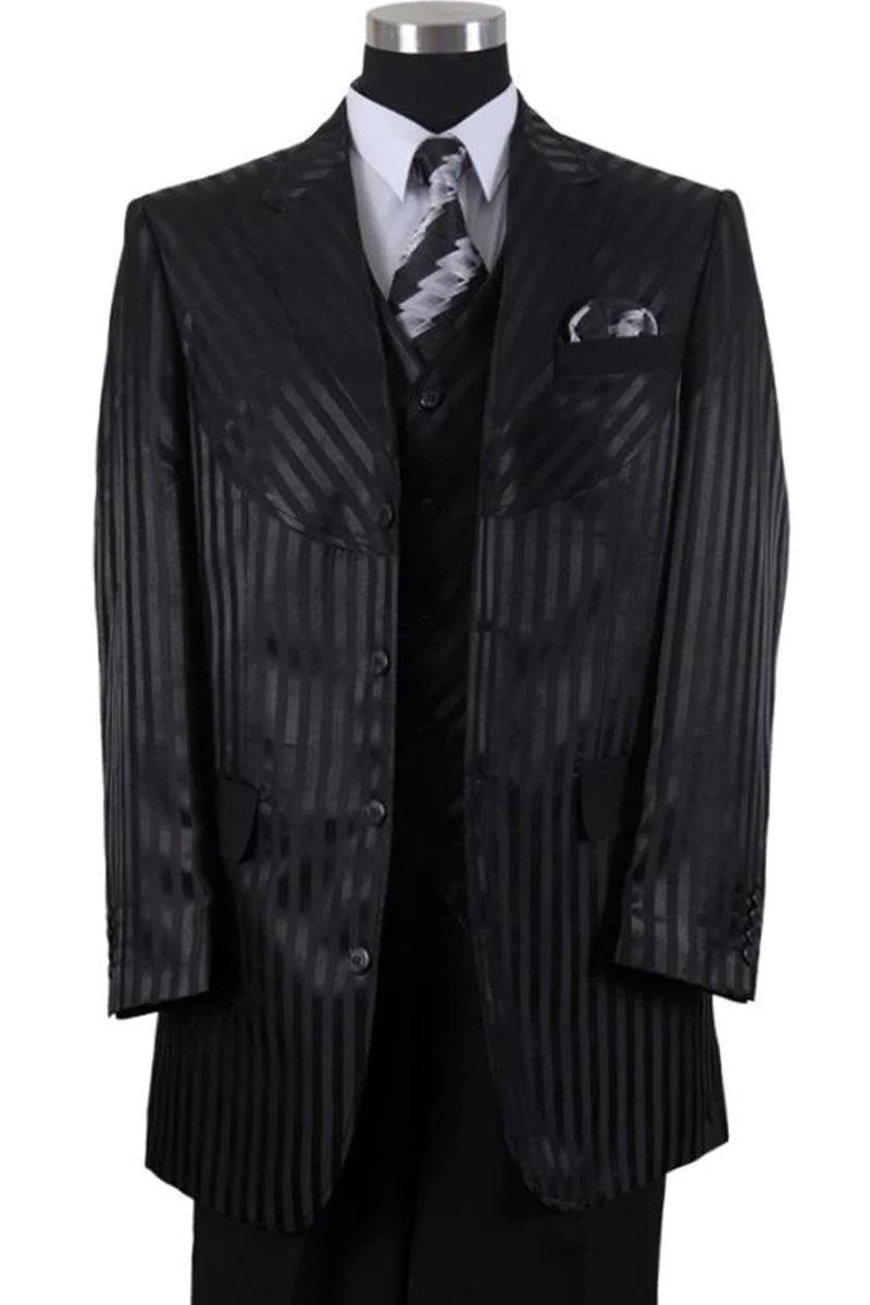 "Fortino Landi Black Semi-Wide Leg Shiny Tonal Stripe 4-Button Suit" - Elegant Mensattire