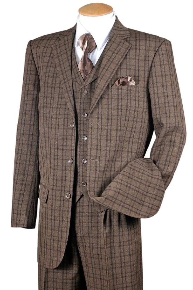 Fortino Landi Brown 3-Btn Vested Windowpane Plaid Suit - Fashion Style - Elegant Mensattire