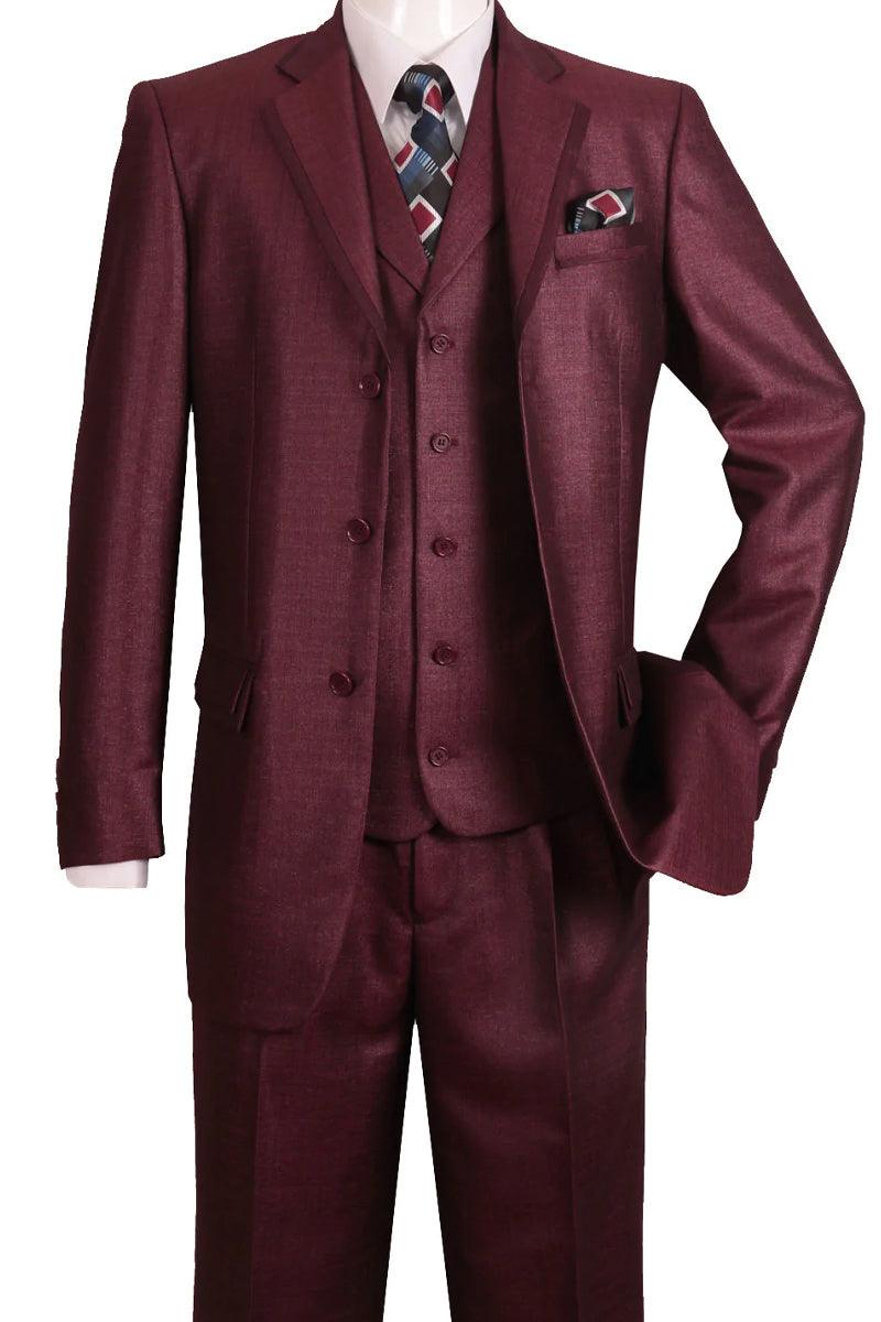 Fortino Landi Burgundy Sharkskin Vested Church Suit - 3-Btn Textured Shine - Elegant Mensattire