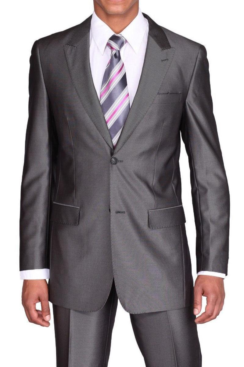 "Fortino Landi Charcoal Grey Men's 2-Button Slim Sharkskin Suit" - Elegant Mensattire