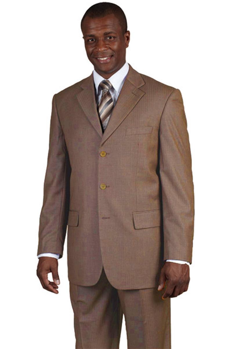 Fortino Landi Classic Tan Wool-Feel Pinstripe 3-Button Suit - Elegant Mensattire