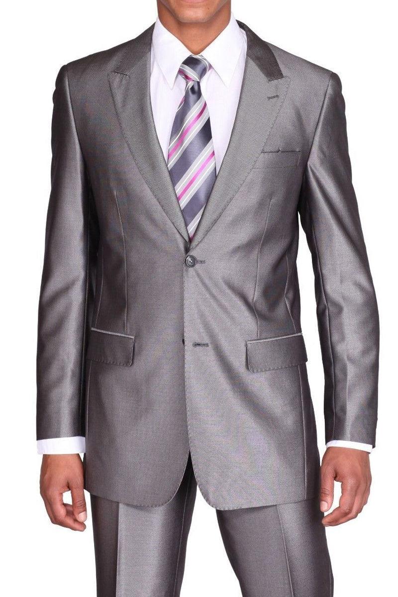 "Fortino Landi Grey Sharkskin Slim-Fit 2-Btn Suit: A Sleek Take on a Classic" - Elegant Mensattire