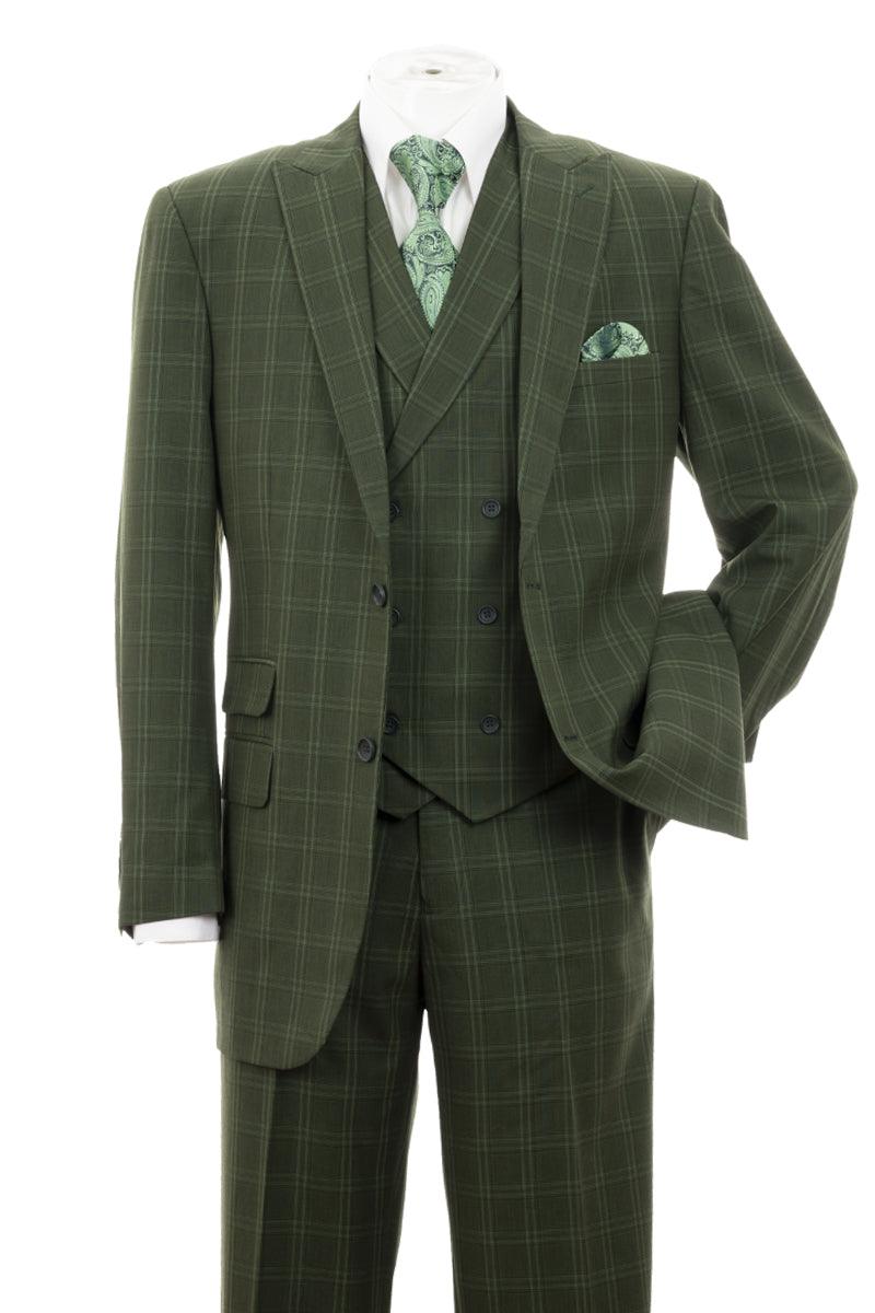 Fortino Landi Men's 2-Button Windopane Plaid DB Vest Suit in Olive - Elegant Mensattire