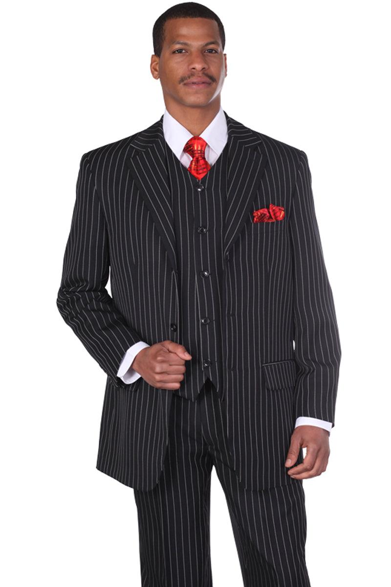 Fortino Landi Men's 3-Button Vested Gangster Pinstripe Suit in Black - Elegant Mensattire