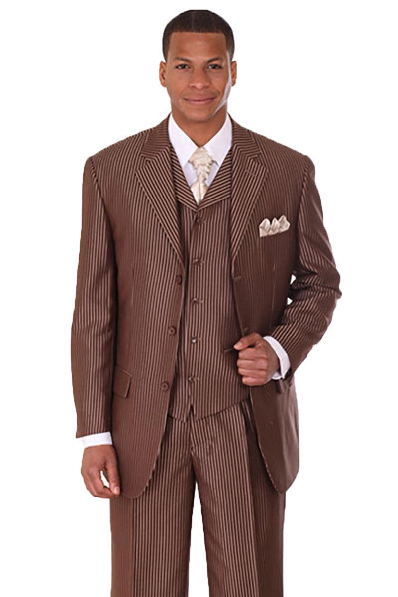 Fortino Landi Men's 3-Button Vested Sharkskin Narrow Pinstripe Suit in Brown - Elegant Mensattire