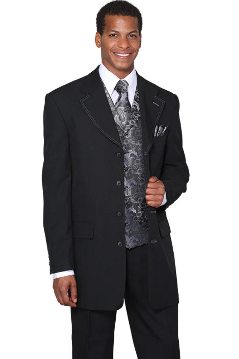 Fortino Landi Men's 4-Button Black Long Suit with Silver Paisley Vest - Elegant Mensattire