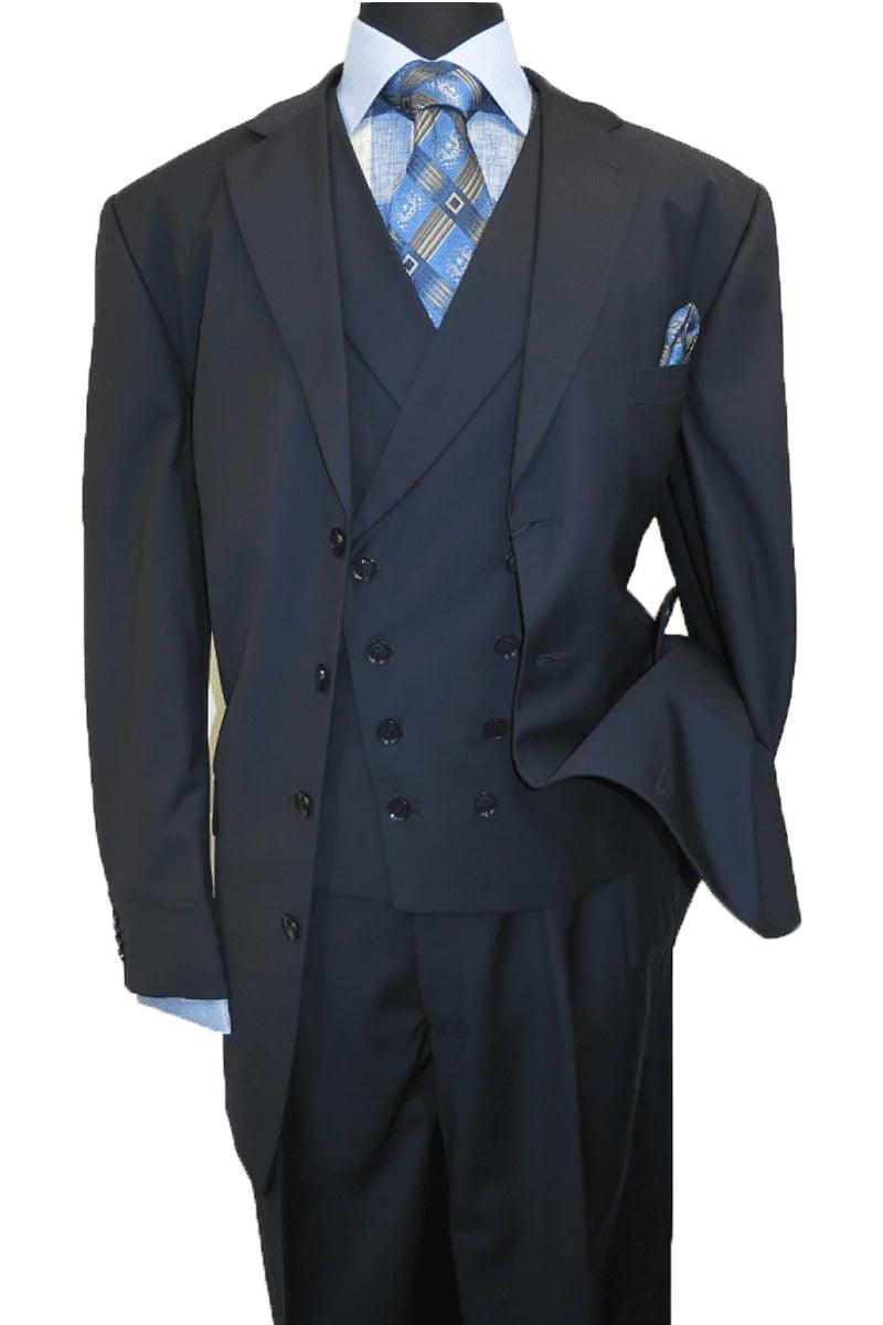 Fortino Landi Men’s 4-Button Navy Blue Fashion Suit w/ Double Breasted Vest - Elegant Mensattire