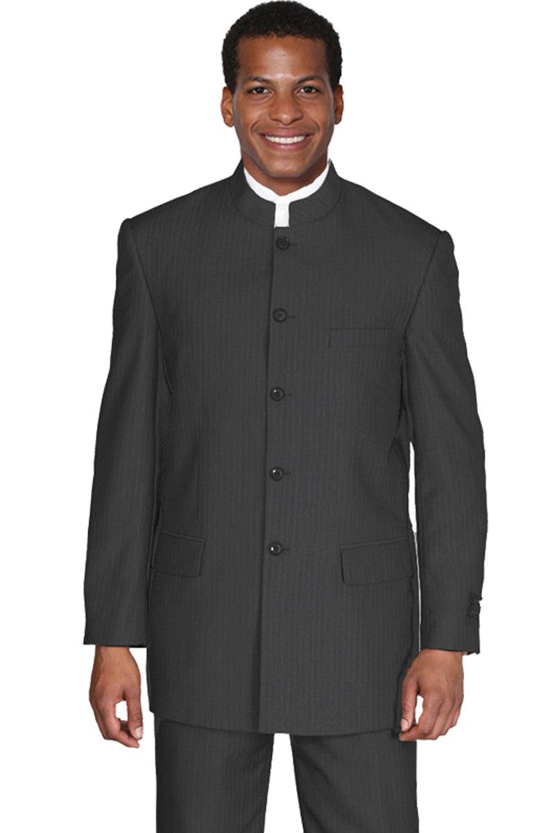 "Fortino Landi Men's 5-Button Pinstripe Mandarin Suit in Sophisticated Black" - Elegant Mensattire