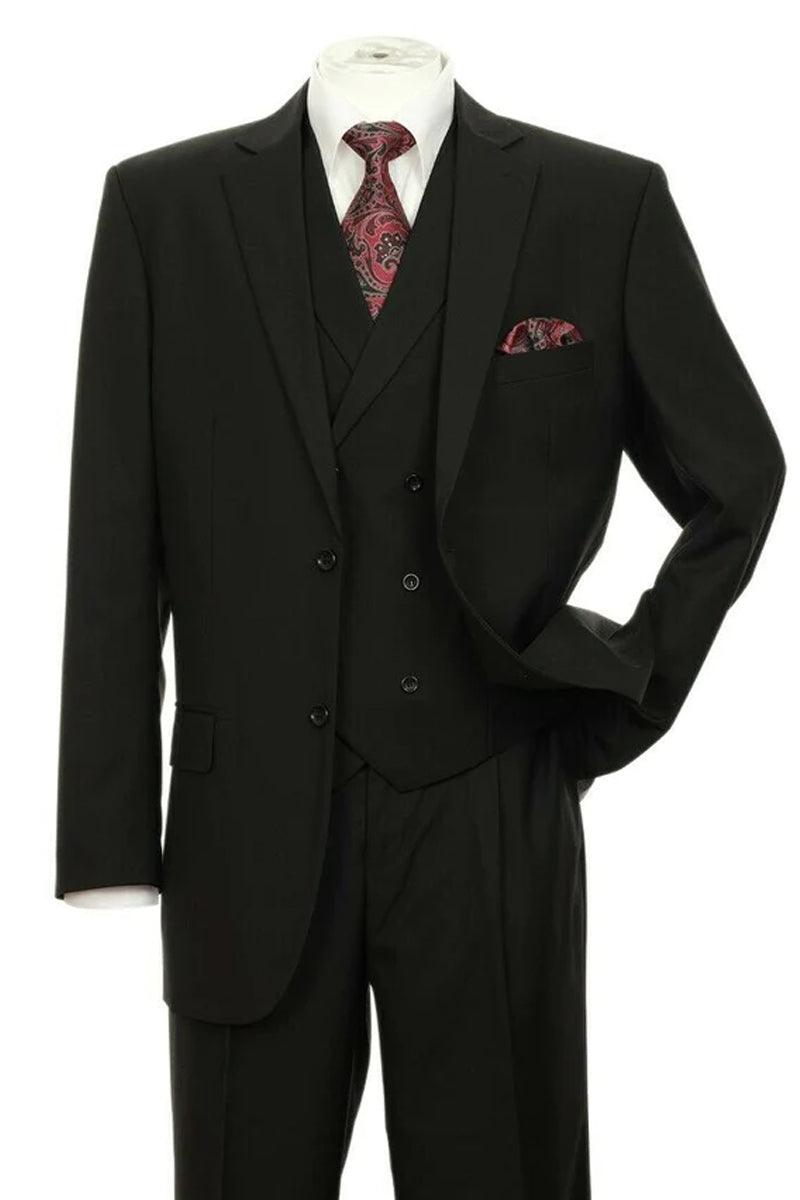 Fortino Landi Men's Black 2-Button Pleated Suit & Double-Breasted Vest - Elegant Mensattire