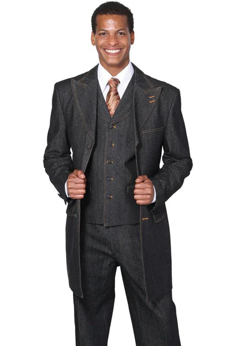 Fortino Landi Men's Black Long Vested Denim Zoot Suit - Sophisticated Style - Elegant Mensattire