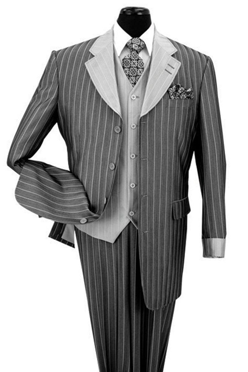 Fortino Landi Men's Black Pinstripe Zoot Suit w/ Shiny Sharkskin Vests - Elegant Mensattire