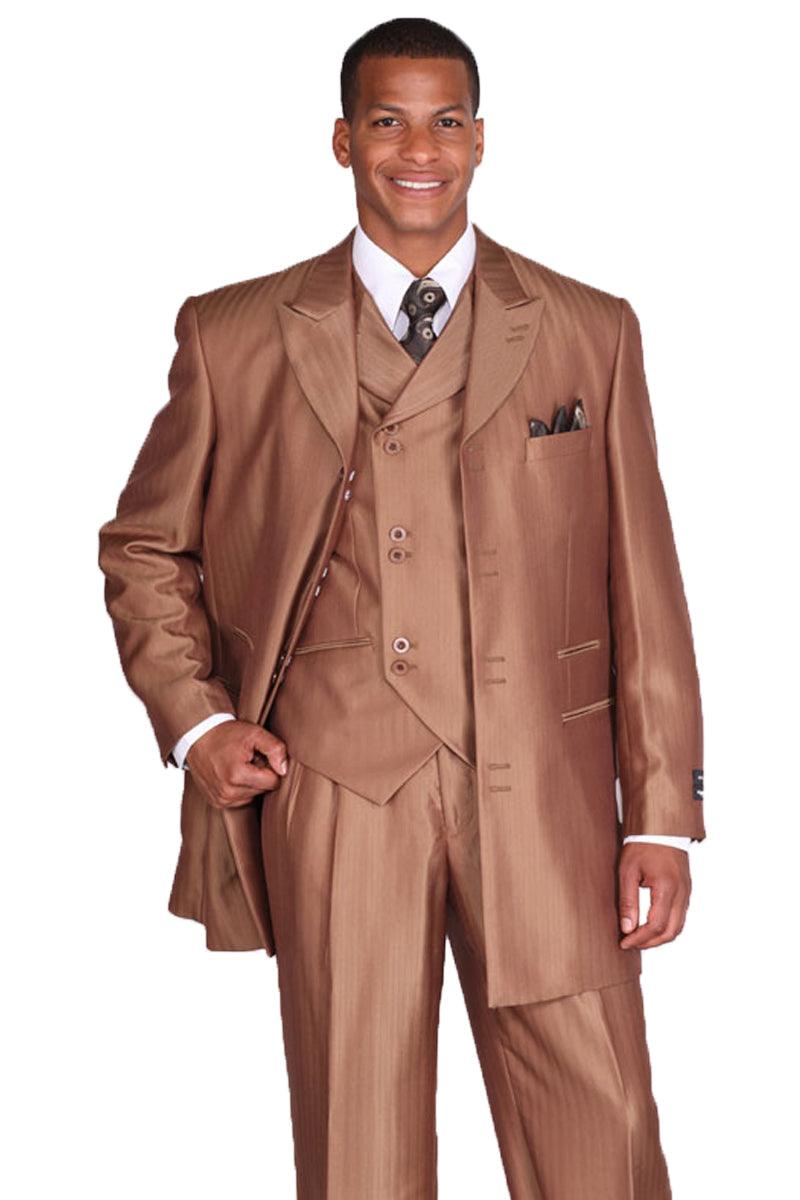 Fortino Landi Men's Brown Herringbone Stripe Vested Suit - Elegant Mensattire