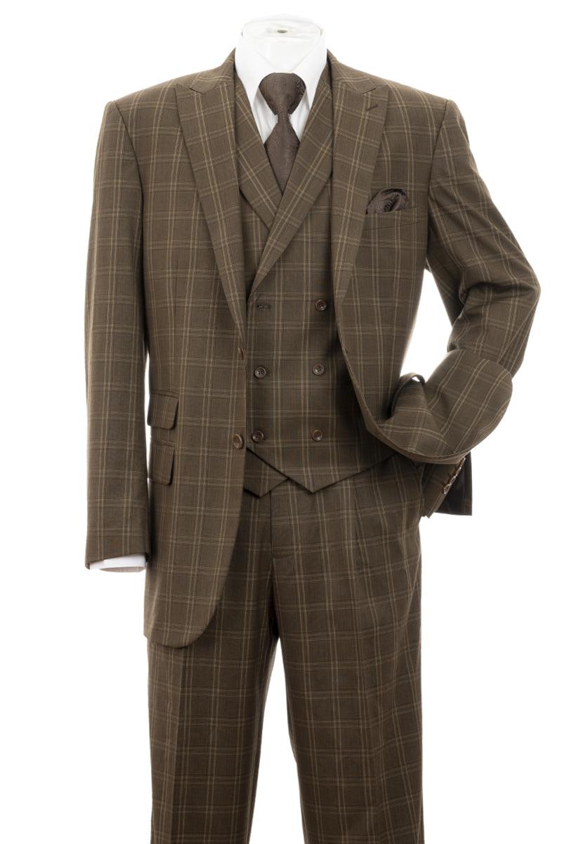 Fortino Landi Men's Brown Windopane Plaid 2Btn Dbl Breasted Vest Suit - Elegant Mensattire