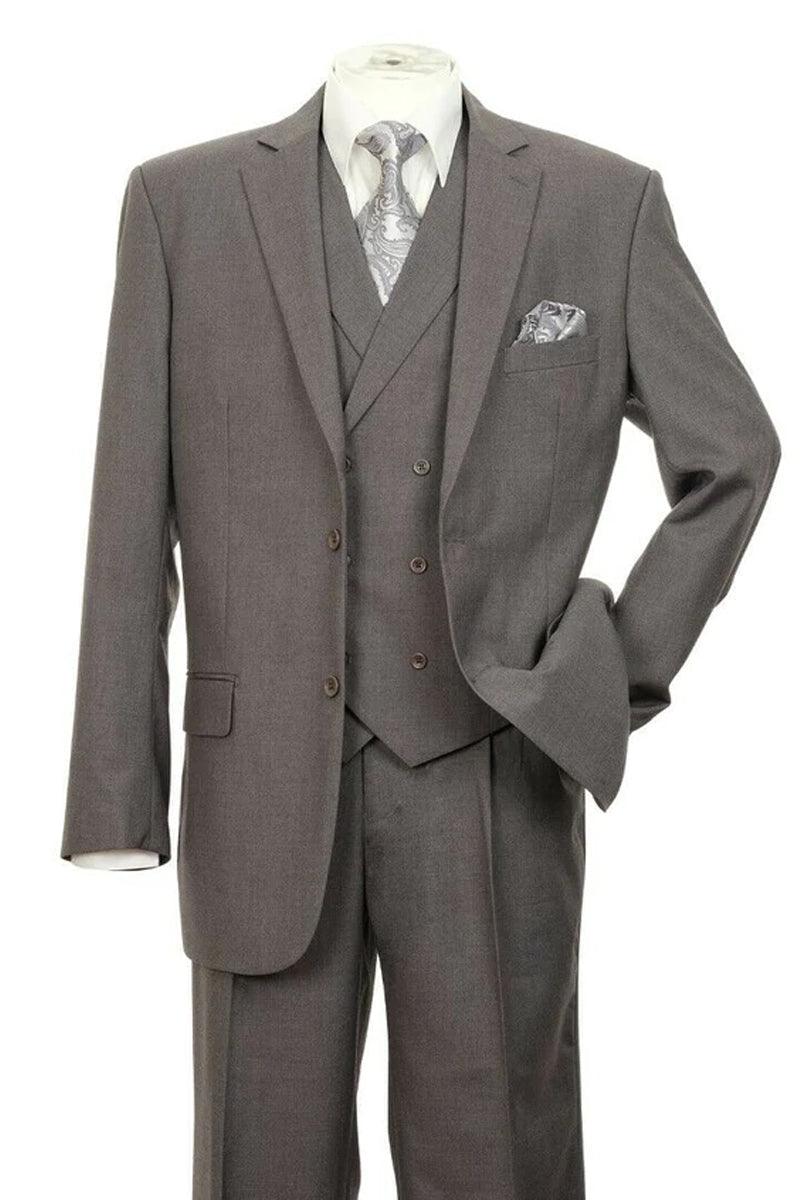 "Fortino Landi Men's Charcoal Grey 2-Button Pleated Suit with Double-Breasted Vest" - Elegant Mensattire