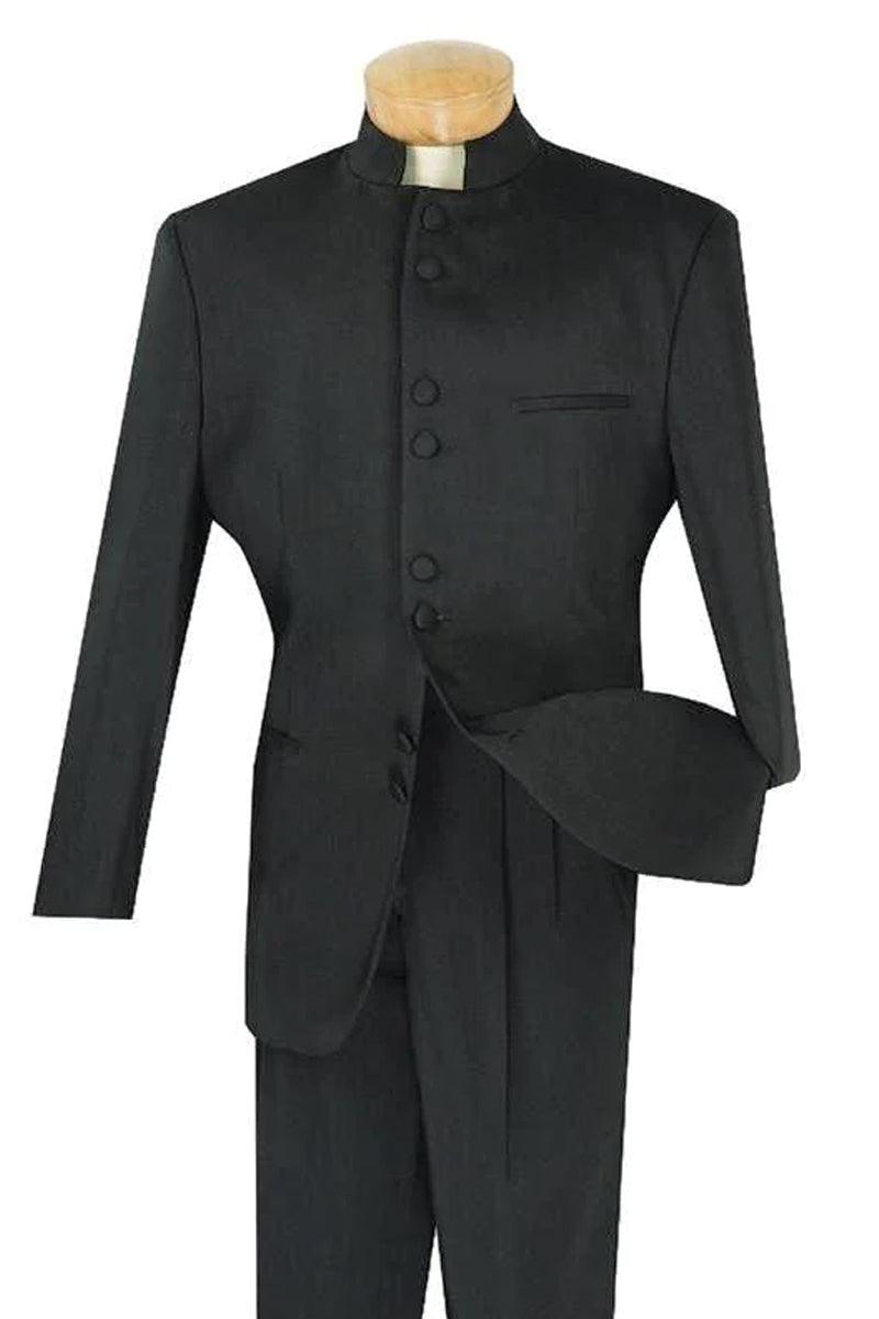Fortino Landi Men's Classic 8 Button Mandarin Collar Suit in Black - Elegant Mensattire