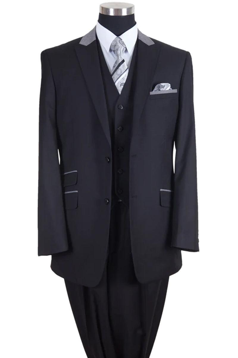Fortino Landi Men's Classy 2-Button Vested Peaks Suit w/ Gray Contrasting Collar - Elegant Mensattire