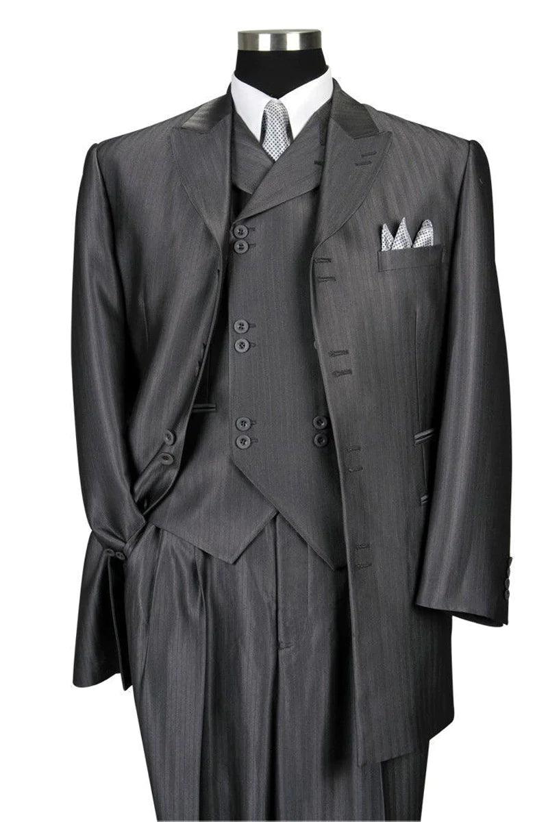 Fortino Landi Men's Grey Tonal Herringbone Stripe Long Vested Suit - Elegant Mensattire